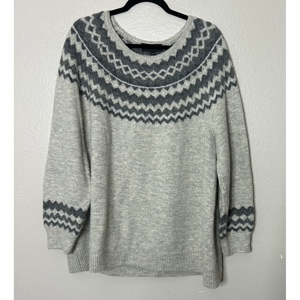 Lane Bryant Gray Fair Isle Knit Sweater Womens 14/16 Metallic Accent Pullover